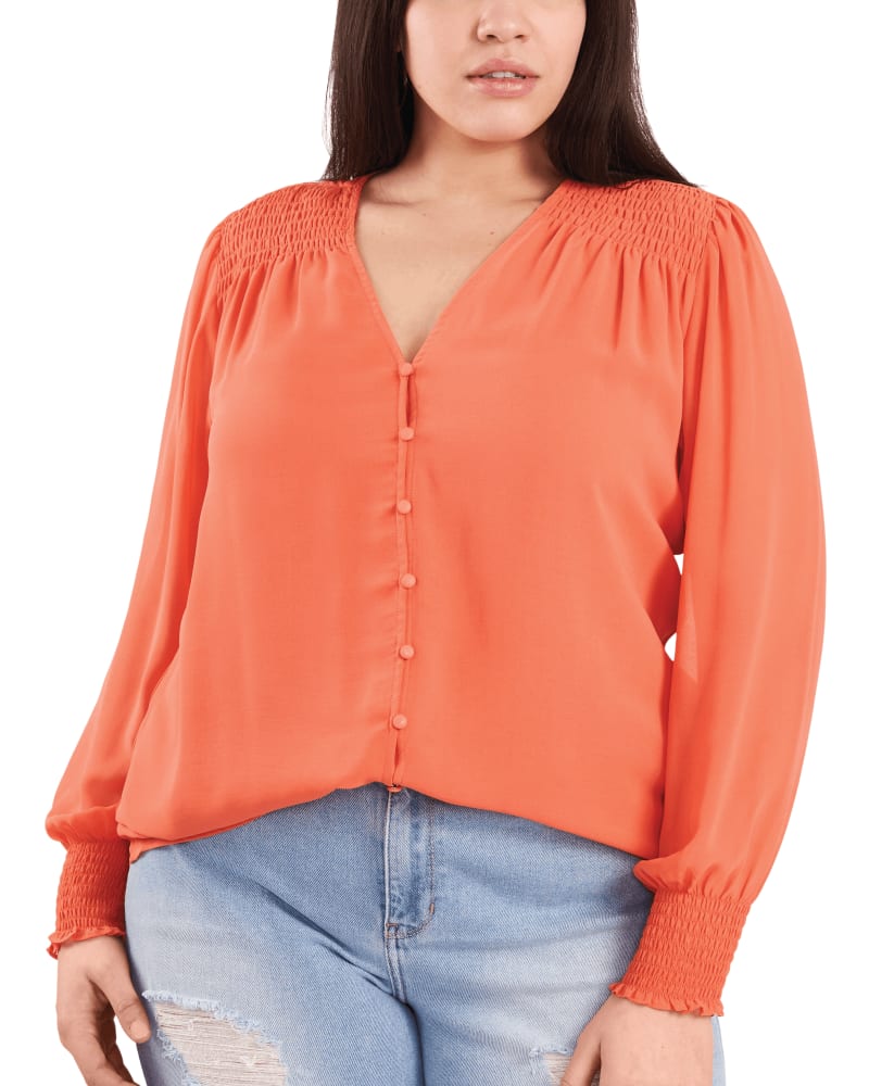 Front of a model wearing a size 0X Samantha Smocked Blouse in PAPAYA-819 by 1.State. | dia_product_style_image_id:262682